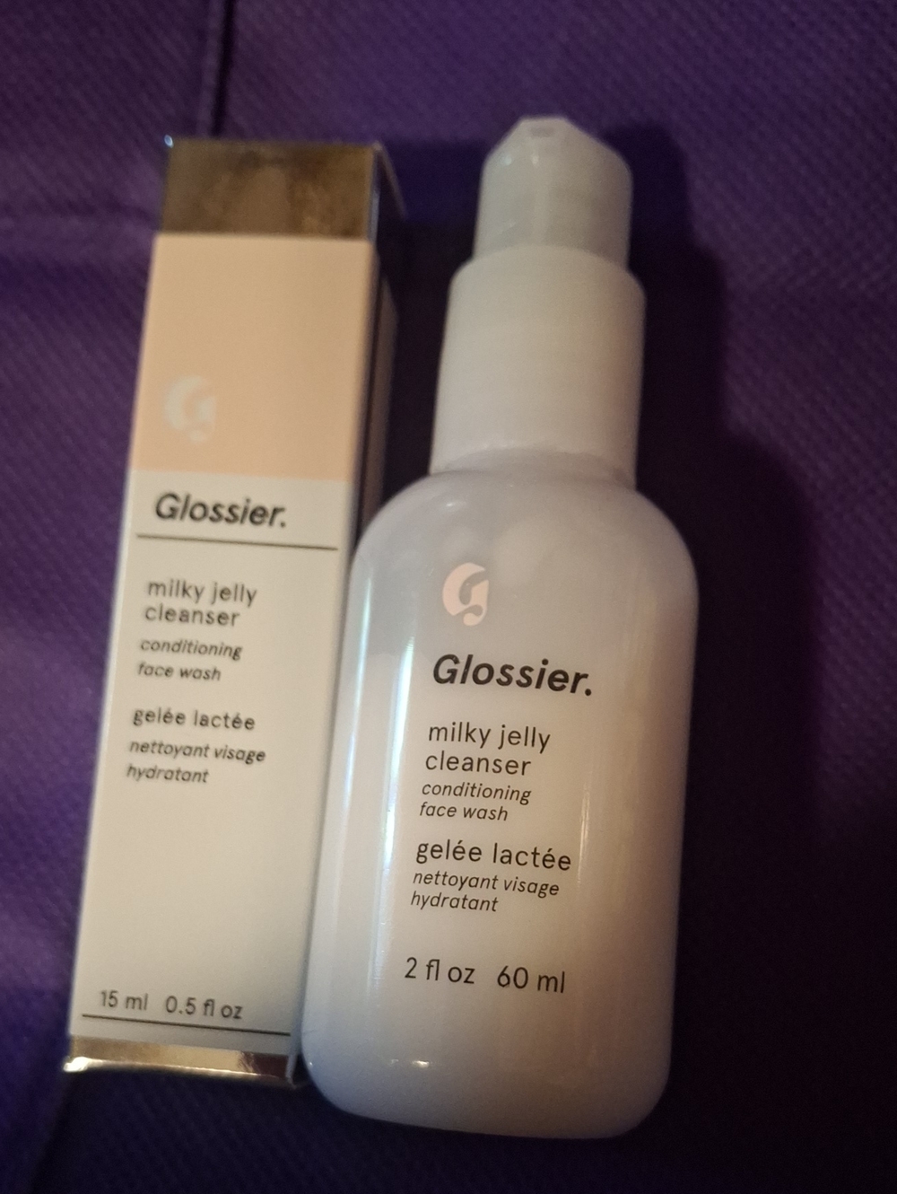 Glossier Milky Jelly Cleanser  White Bottle with Pale Pink Box Accents Duo